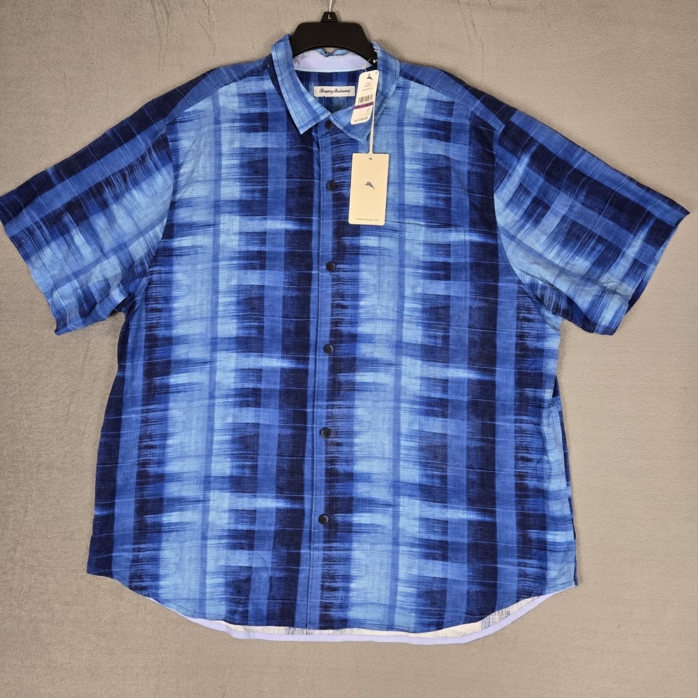 Tommy‎ Bahama Shibori Bay Camp Shirt Mens 2XL Cobalt Sea Silk Short Sleeve NWT
